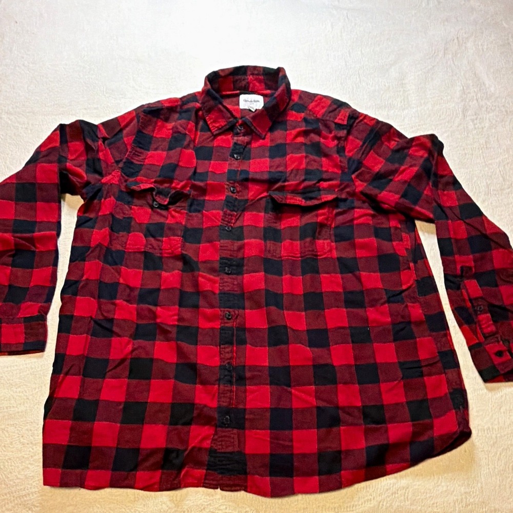 Goodfellow & Co Mens 2XB Tall Red Black Plaid Flannel Shirt Pockets RN17730